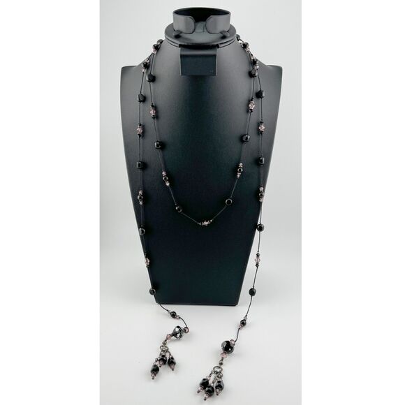 Vintage Lariat Necklace Black Pink Beads Glam Sparkle Boho Goth Luxury Versatile - Picture 1 of 7